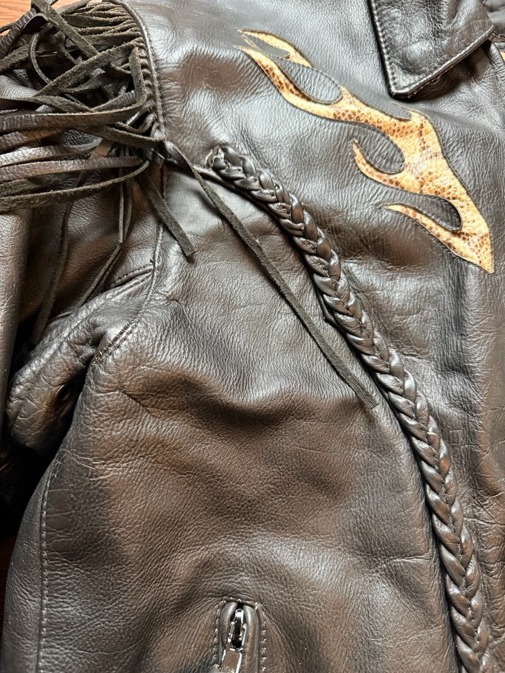 Men's Black Leather Fringe Jacket with Snake Flame Accents - Picture 12 of 13
